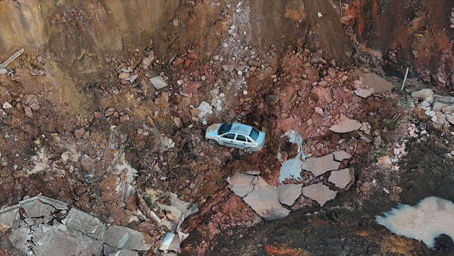 A drone view of a destroyed port after the worst-ever recorded drought provoked a landslide on the banks of the Solimoes River in Manacapuru, Amazonas State, Brazil, October 8, 2024. REUTERS/Bruno Kelly