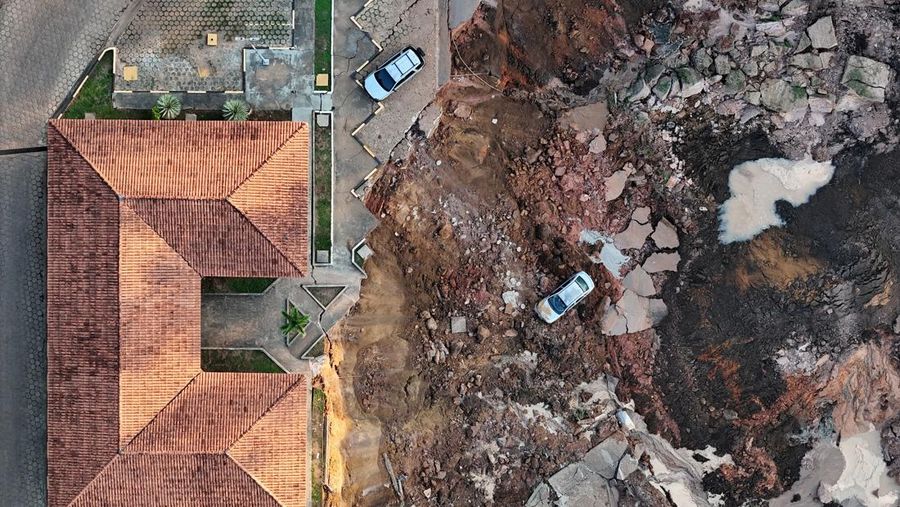 A drone view of a destroyed port after the worst-ever recorded drought provoked a landslide on the banks of the Solimoes River in Manacapuru, Amazonas State, Brazil, October 8, 2024. REUTERS/Bruno Kelly