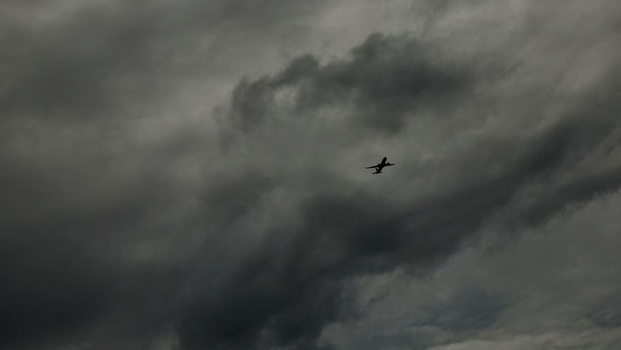 A plane flies before the arrival of Hurricane Milton, in Orlando, Florida, U.S. October 8, 2024. REUTERS/Jose Luis Gonzalez