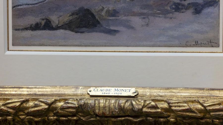 Francoise Parlagi, center, and Helen Lowe, far left, descendants of the original owners the Claude Monet painting entitled 