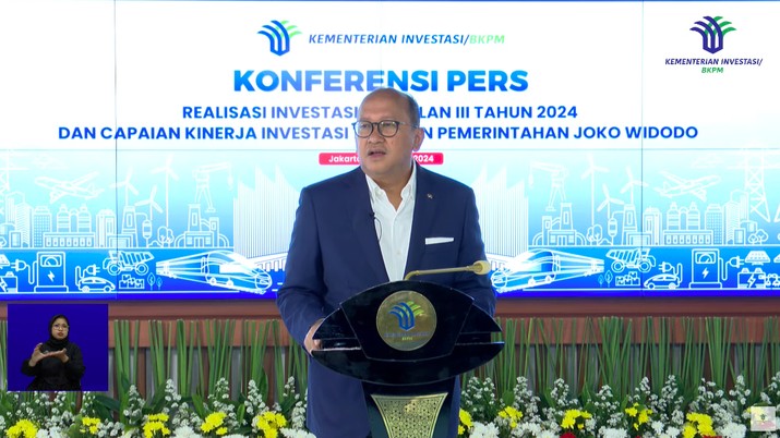 Menteri Investasi/Kepala Badan Koordinasi Penanaman Modal (BKPM), Rosan Roeslani dalam Konferensi Pers Realisasi Investasi TW III 2024 & Capaian Investasi 10 Tahun Pemerintahan Jokowi. (Tangkapan Layar Youtube Kementerian Investasi - BKPM)