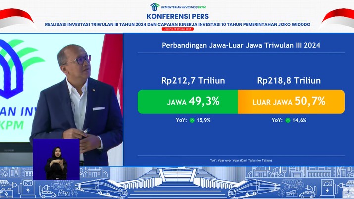 Menteri Investasi/Kepala Badan Koordinasi Penanaman Modal (BKPM), Rosan Roeslani dalam Konferensi Pers Realisasi Investasi TW III 2024 & Capaian Investasi 10 Tahun Pemerintahan Jokowi. (Tangkapan Layar Youtube Kementerian Investasi - BKPM)