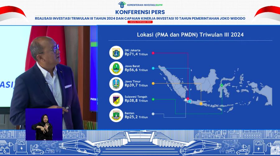 Menteri Investasi/Kepala Badan Koordinasi Penanaman Modal (BKPM), Rosan Roeslani dalam Konferensi Pers Realisasi Investasi TW III 2024 & Capaian Investasi 10 Tahun Pemerintahan Jokowi. (Tangkapan Layar Youtube Kementerian Investasi - BKPM)