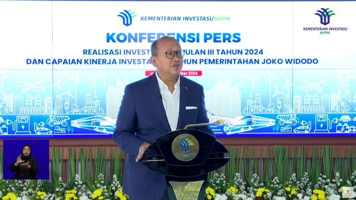 Menteri Investasi/Kepala Badan Koordinasi Penanaman Modal (BKPM), Rosan Roeslani dalam Konferensi Pers Realisasi Investasi TW III 2024 & Capaian Investasi 10 Tahun Pemerintahan Jokowi. (Tangkapan Layar Youtube Kementerian Investasi - BKPM)