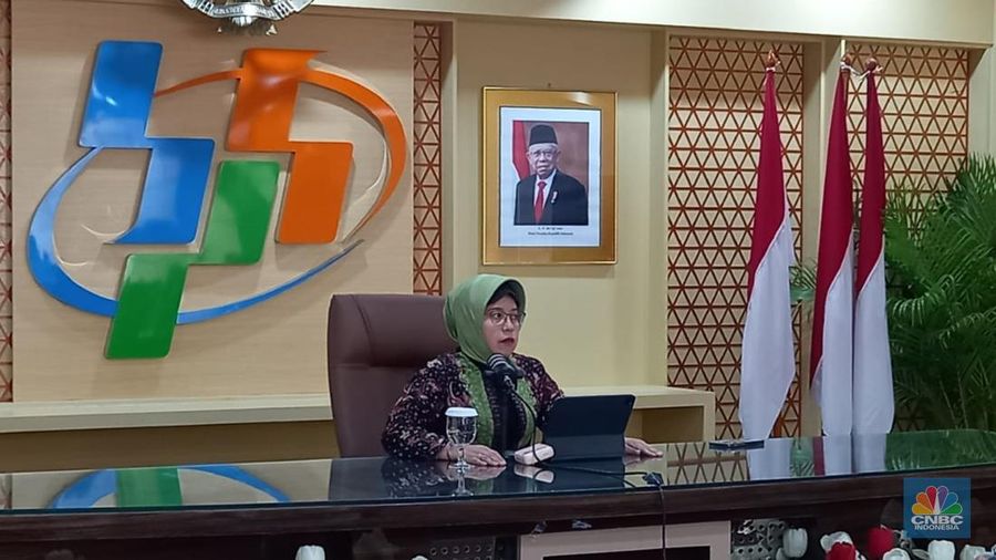 Plt. Kepala BPS Amalia Adininggar Widyasanti saat menyampaikan rilis BPS pada Selasa (15/10/2024). (CNBC Indonesia/Arrijal Rachman)