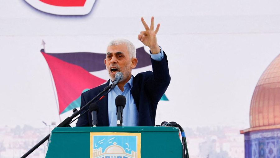 FILE PHOTO: Hamas Gaza chief Yahya Sinwar gestures during an anti-Israel rally in Gaza City, May 24, 2021. REUTERS/Mohammed Salem/File Photo     TPX IMAGES OF THE DAY