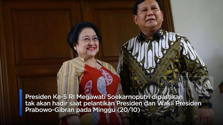 Presiden Ke-5 RI Megawati Soekarnoputri dipastikan tak akan hadir saat pelantikan Presiden dan Wakil Presiden Prabowo-Gibran pada Minggu (20/10).