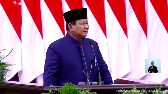 Presiden Prabowo Subianto memberikan sambutan usai pengambilan sumpah jabatan presiden, di DPR RI, Jakarta (20/10/2024). (Tangkapan Layar Youtube Sekretariat Presiden)