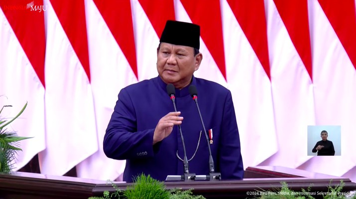 Presiden Prabowo Subianto memberikan sambutan usai pengambilan sumpah jabatan presiden, di DPR RI, Jakarta (20/10/2024). (Tangkapan Layar Youtube Sekretariat Presiden)