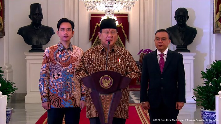 Presiden Prawbowo Subianto mengumumkan nama-nama colon Menteri dan Wakil Menteri di Istana Merdeka, Jakarta, Minggu (20/10/2024). (Tangkapan Layar YouTube/Sekretariat Presiden)