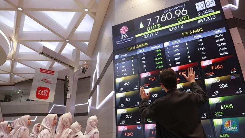 Sekelompok siswa-siswi melihat layar Indeks Harga Saham Gabungan (IHSG) di Bursa Efek Indonesia, Jakarta, Senin, (21/10/2024). (CNBC Indonesia/Muhammad Sabki)