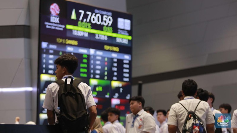 Sekelompok siswa-siswi melihat layar Indeks Harga Saham Gabungan (IHSG) di Bursa Efek Indonesia, Jakarta, Senin, (21/10/2024). (CNBC Indonesia/Muhammad Sabki)