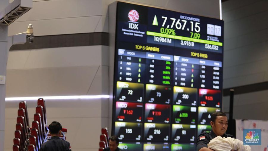Sekelompok siswa-siswi melihat layar Indeks Harga Saham Gabungan (IHSG) di Bursa Efek Indonesia, Jakarta, Senin, (21/10/2024). (վ/Muhammad Sabki)