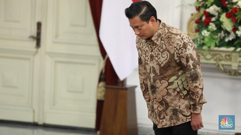 Presiden RI Prabowo Subianto mengumumkan nama nama menteri kabinet merah putih di Istana Negara, Jakarta, Minggu, 20/10. (CNBC Indonesia Tri Susilo)