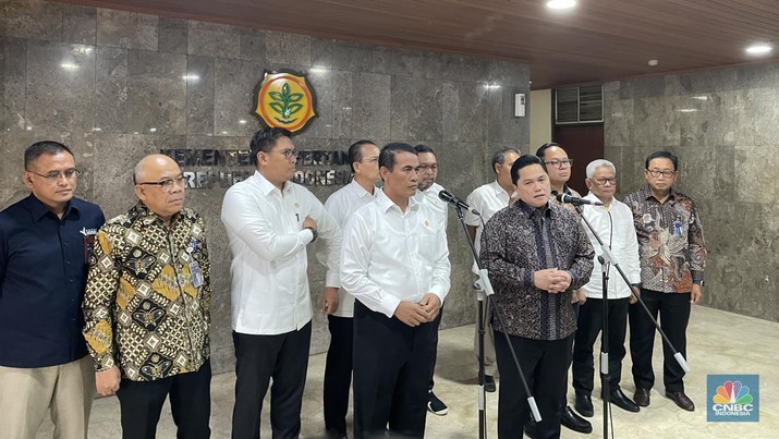 Kementerian Badan Usaha Milik Negara (BUMN) bersinergi dengan Kementerian Pertanian (Kementan) untuk menggarap program pemerintahan era Presiden Prabowo Subianto terkait dengan swasembada pangan. (CNBC Indonesia/Romys Binekasri)