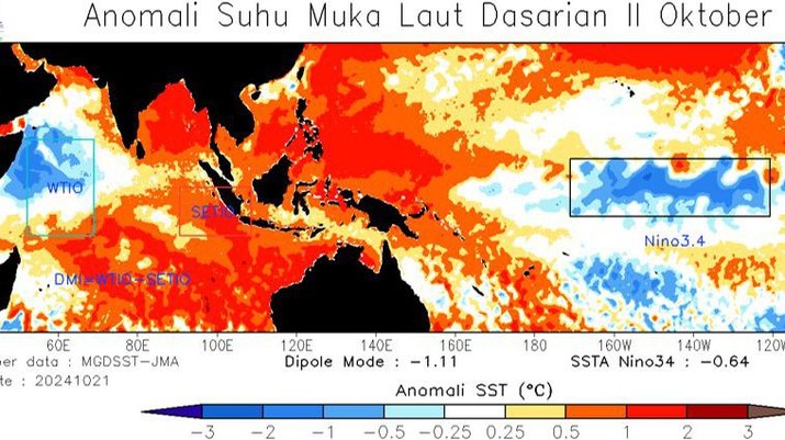 Anomali suhu muka laut dasarian pada Kamis, (24/10/2024). (Dok. BMKG)