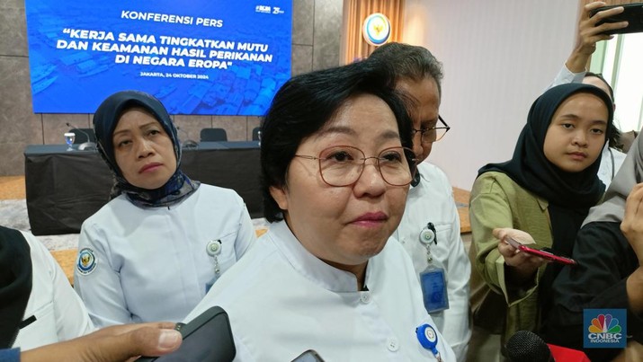Kepala Badan Pengendalian dan Pengawasan Mutu Hasil Kelautan dan Perikanan (BPPMHKP), Ishartini dalam konferensi pers di Gedung Mina Bahari 4 KKP, Jakarta, Kamis (13/6/2024). (CNBC Indonesia/Ferry Sandi)