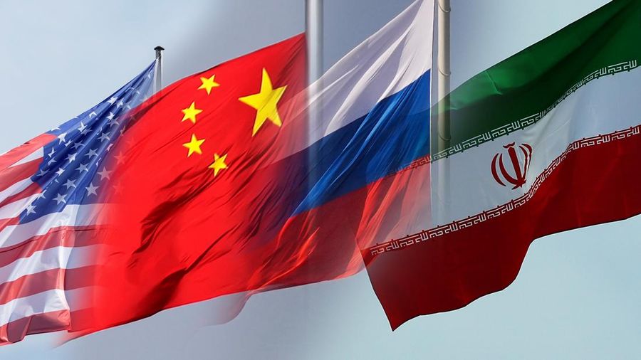 Foto Kolase Bendera AS, China, Russia, Iran. (AP Photo)