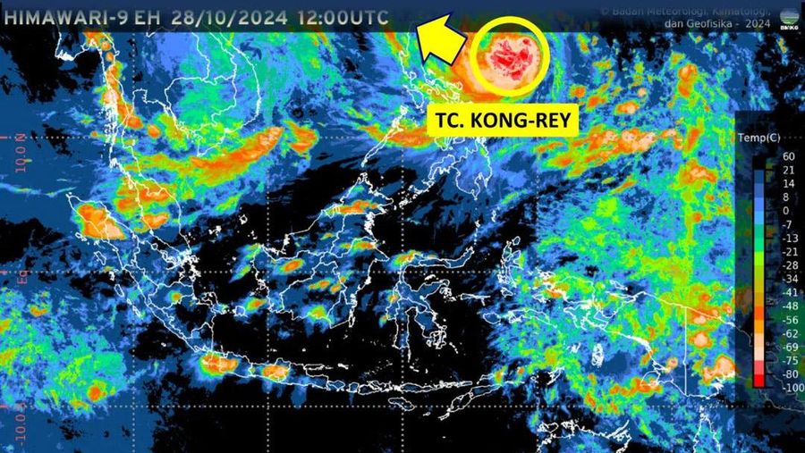 SIklon tropis KONG-REY terpantau di Laut Filipina timur laut Filipina dengan kecepatan angin maksimum 100 km/jam dan tekanan Udara minimum 980 hPa. (Instagram @infobmkg)