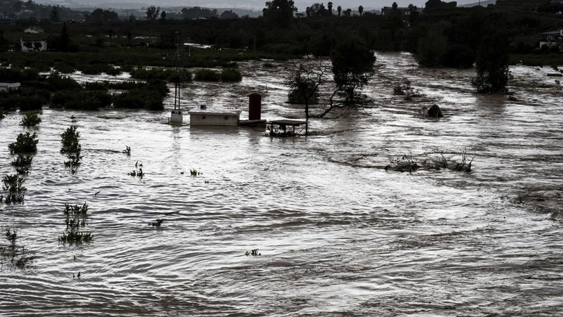 Mobil-mobil tersapu air, setelah banjir yang didahului oleh hujan lebat menyebabkan sungai meluap di kota Alora, Malaga, Spanyol, Selasa, 29 Oktober 2024. (AP Photo/Gregorio Marrero)
