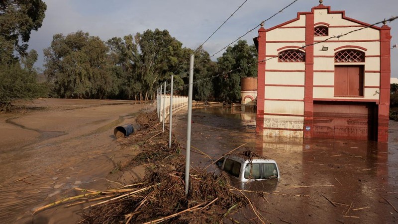 Mobil-mobil tersapu air, setelah banjir yang didahului oleh hujan lebat menyebabkan sungai meluap di kota Alora, Malaga, Spanyol, Selasa, 29 Oktober 2024. (AP Photo/Gregorio Marrero)