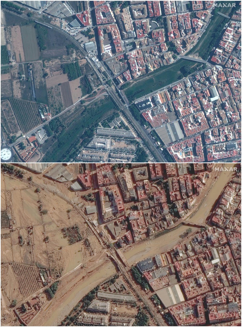 Kombinasi gambar satelit yang dibagikan oleh Maxar Technologies yang dibuat pada tanggal 31 Oktober 2024 ini menunjukkan pabrik pengolahan air Valencia dan jalan raya v30 sebelum (atas) dan setelah banjir bandang. (AFP/HANDOUT) Kombinasi gambar satelit yang dibagikan oleh Maxar Technologies yang dibuat pada tanggal 31 Oktober 2024 ini menunjukkan pabrik pengolahan air Valencia dan jalan raya v30 sebelum (atas) dan setelah banjir bandang. (AFP/HANDOUT)