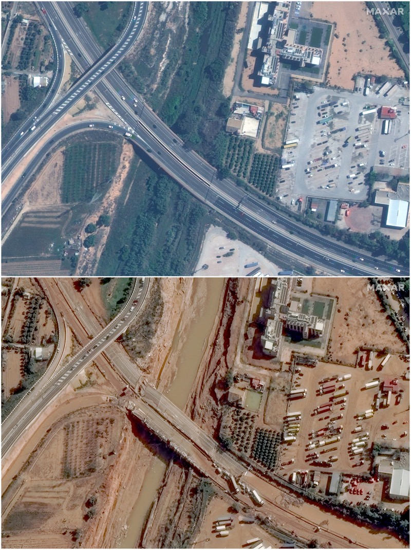 Kombinasi gambar satelit yang dibagikan oleh Maxar Technologies yang dibuat pada tanggal 31 Oktober 2024 ini menunjukkan pabrik pengolahan air Valencia dan jalan raya v30 sebelum (atas) dan setelah banjir bandang. (AFP/HANDOUT)