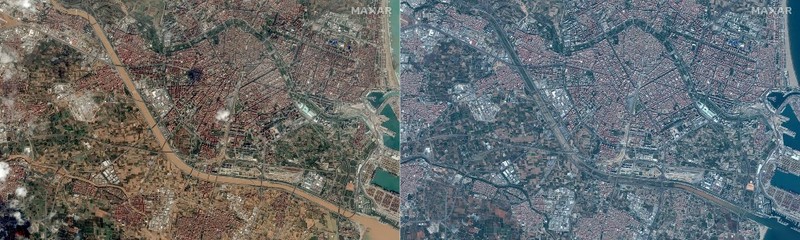 Kombinasi gambar satelit yang dibagikan oleh Maxar Technologies yang dibuat pada tanggal 31 Oktober 2024 ini menunjukkan pabrik pengolahan air Valencia dan jalan raya v30 sebelum (atas) dan setelah banjir bandang. (AFP/HANDOUT)