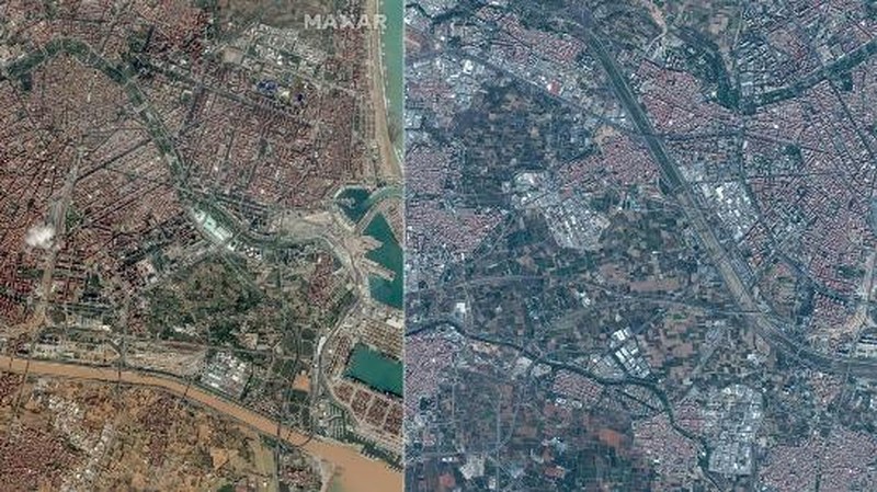 Kombinasi gambar satelit yang dibagikan oleh Maxar Technologies yang dibuat pada tanggal 31 Oktober 2024 ini menunjukkan pabrik pengolahan air Valencia dan jalan raya v30 sebelum (atas) dan setelah banjir bandang. (AFP/HANDOUT)