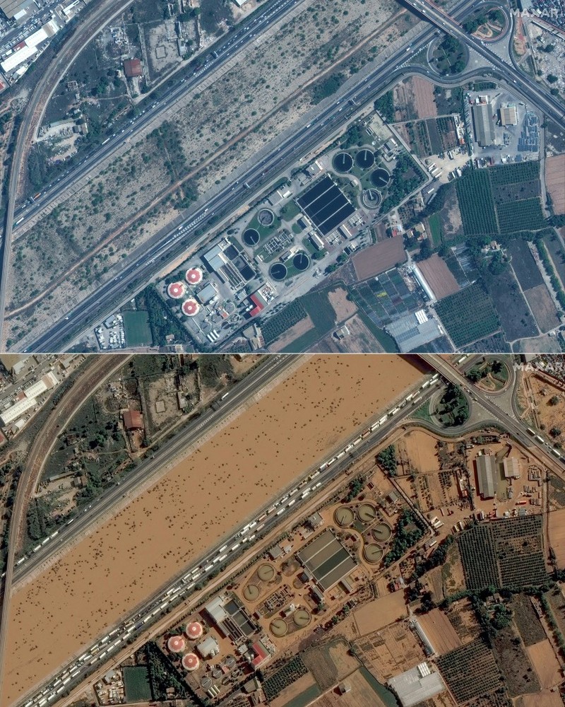 Kombinasi gambar satelit yang dibagikan oleh Maxar Technologies yang dibuat pada tanggal 31 Oktober 2024 ini menunjukkan pabrik pengolahan air Valencia dan jalan raya v30 sebelum (atas) dan setelah banjir bandang. (AFP/HANDOUT) Kombinasi gambar satelit yang dibagikan oleh Maxar Technologies yang dibuat pada tanggal 31 Oktober 2024 ini menunjukkan pabrik pengolahan air Valencia dan jalan raya v30 sebelum (atas) dan setelah banjir bandang. (AFP/HANDOUT)