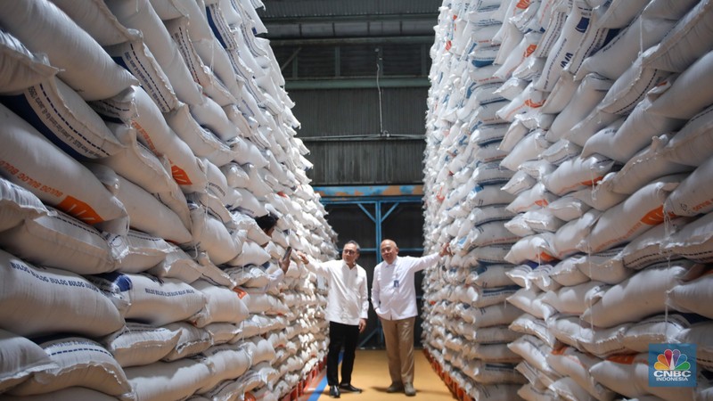 Pekerja memeriksa cadangan beras pemerintah (CBP) di Gudang Bulog, Kelapa Gading, Jakarta Utara, Senin (4/11/2024). Pekerja memeriksa cadangan beras pemerintah (CBP) di Gudang Bulog, Kelapa Gading, Jakarta Utara, Senin (4/11/2024). (CNBC Indonesia/Faisal Rahman)