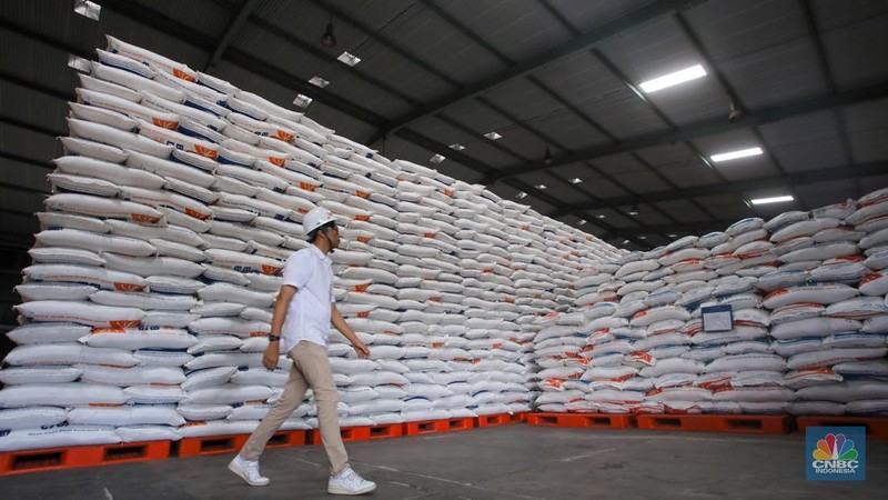 Pekerja memeriksa cadangan beras pemerintah (CBP) di Gudang Bulog, Kelapa Gading, Jakarta Utara, Senin (4/11/2024). (CNBC Indonesia/Faisal Rahman)