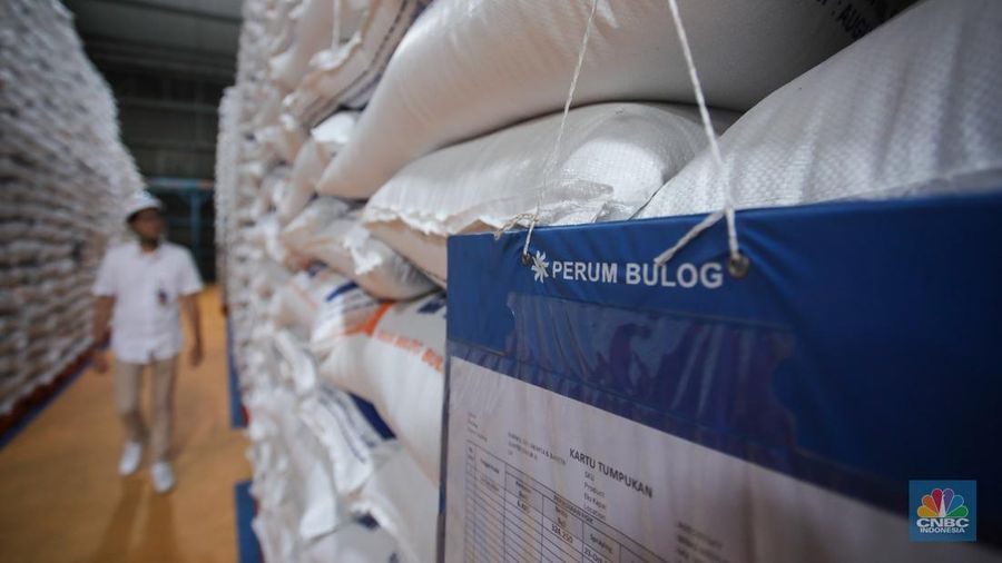 Pekerja memeriksa cadangan beras pemerintah (CBP) di Gudang Bulog, Kelapa Gading, Jakarta Utara, Senin (4/11/2024). (CNBC Indonesia/Faisal Rahman)