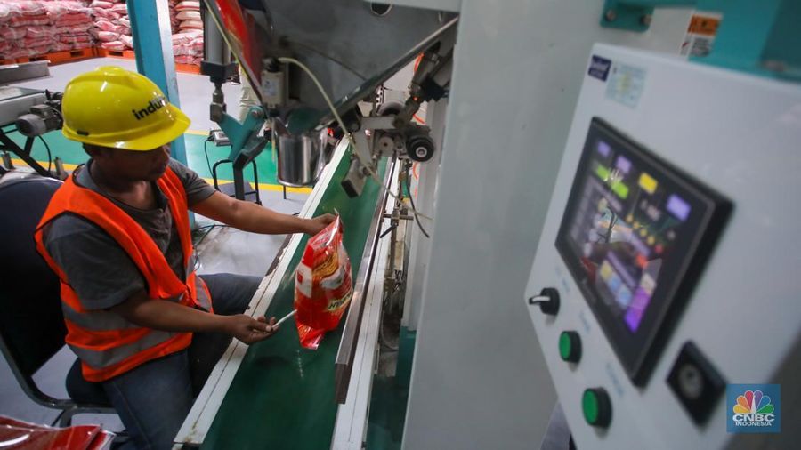 Pekerja memeriksa cadangan beras pemerintah (CBP) di Gudang Bulog, Kelapa Gading, Jakarta Utara, Senin (4/11/2024). (CNBC Indonesia/Faisal Rahman)