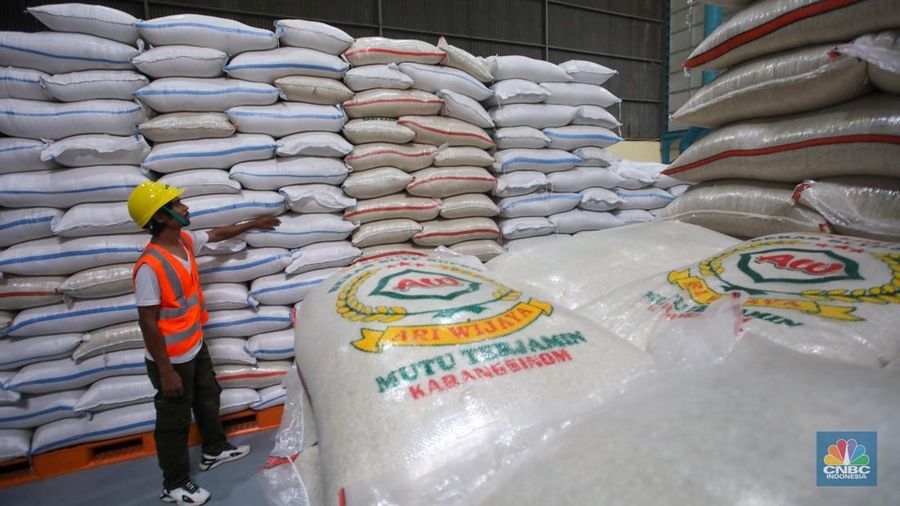 Pekerja memeriksa cadangan beras pemerintah (CBP) di Gudang Bulog, Kelapa Gading, Jakarta Utara, Senin (4/11/2024). (CNBC Indonesia/Faisal Rahman)