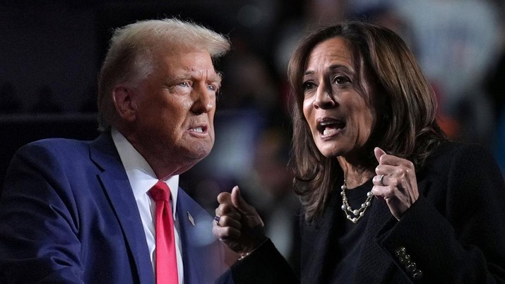 Foto kolase Calon Presiden AS Donald Trump dan Kamala Harris. (AP Photo)