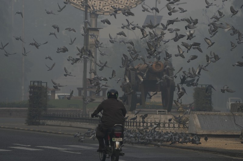 Kendaraan bergerak lambat di jalan saat kabut asap menyelimuti daerah tersebut, di Lahore, Pakistan, Minggu, 3 November 2024. (AP Photo/K.M. Chaudary)