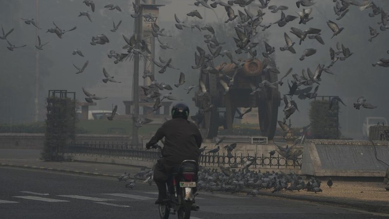 Kendaraan bergerak lambat di jalan saat kabut asap menyelimuti daerah tersebut, di Lahore, Pakistan, Minggu, 3 November 2024. (AP Photo/K.M. Chaudary)