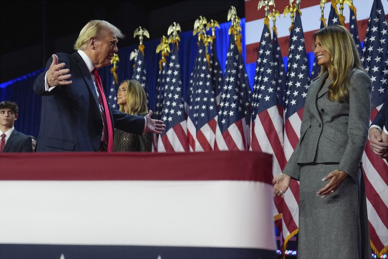 Election 2024 Trump Republican presidential nominee former President Donald Trump arrives to speak at an election night watch party, Wednesday, Nov. 6, 2024, in West Palm Beach, Fla. (AP Photo/Alex Brandon)