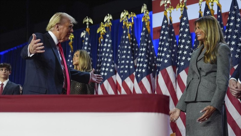 Republican presidential nominee former President Donald Trump arrives to speak at an election night watch party, Wednesday, Nov. 6, 2024, in West Palm Beach, Fla. (AP Photo/Alex Brandon)