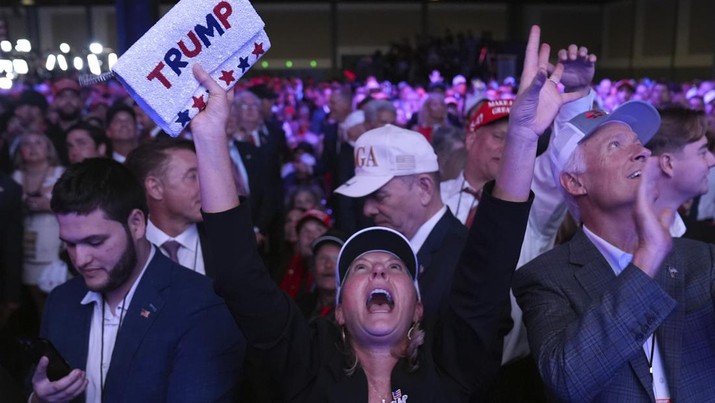 Supporters watch returns at a campaign election night watch party for Republican presidential nominee former President Donald Trump at the Palm Beach Convention Center, Wednesday, Nov. 6, 2024, in West Palm Beach, Fla. (AP Photo/Evan Vucci)