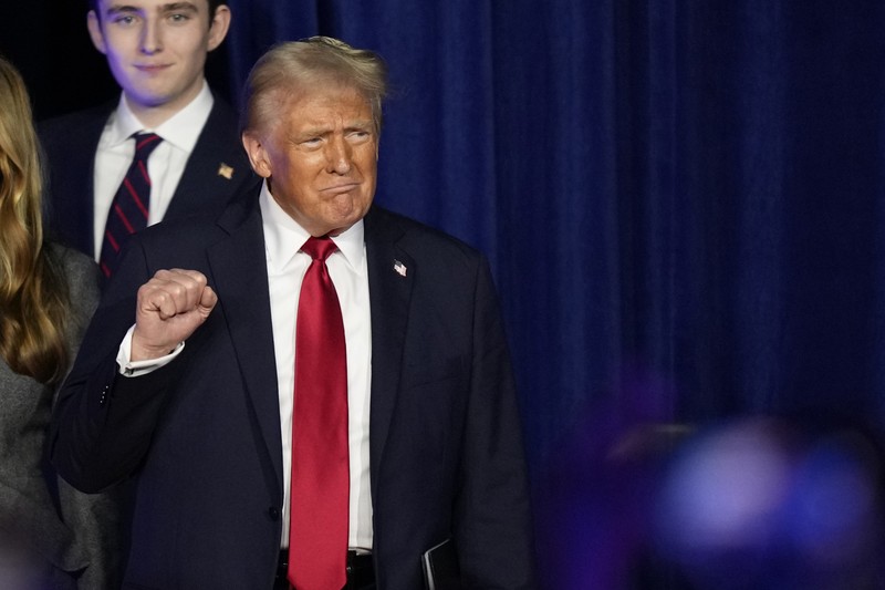 Election 2024 Trump Republican presidential nominee former President Donald Trump arrives to speak at an election night watch party, Wednesday, Nov. 6, 2024, in West Palm Beach, Fla. (AP Photo/Alex Brandon)