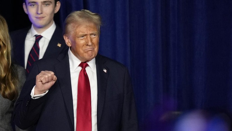 Republican presidential nominee former President Donald Trump arrives to speak at an election night watch party, Wednesday, Nov. 6, 2024, in West Palm Beach, Fla. (AP Photo/Alex Brandon)