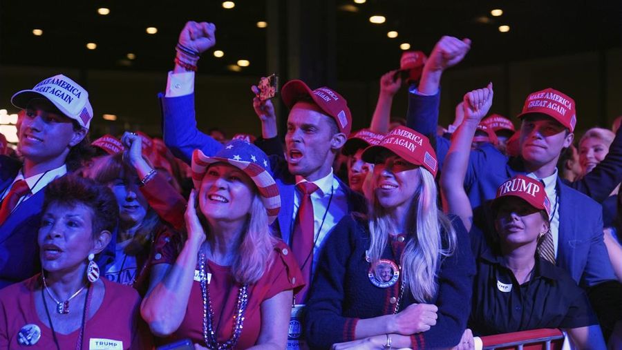 Supporters attend an election night watch party for Republican presidential nominee former President Donald Trump Wednesday, Nov. 6, 2024, in West Palm Beach, Fla. (AP Photo/JEvan Vucci)