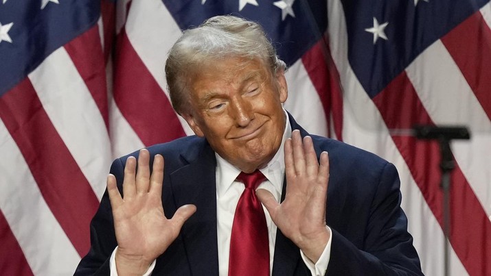 Republican presidential nominee former President Donald Trump dances after speaking at an election night watch party, Wednesday, Nov. 6, 2024, in West Palm Beach, Fla. (AP Photo/Alex Brandon)