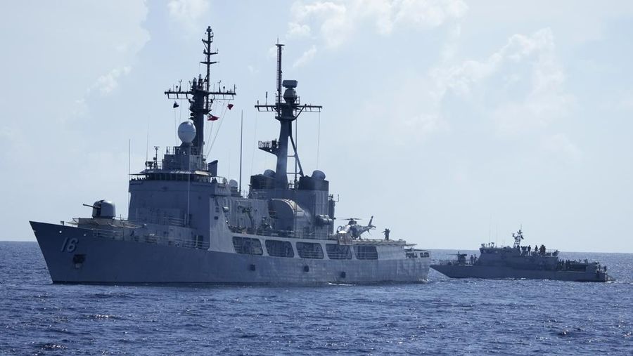 Philippine Navy Ship BRP Ramon Alcaraz PS16 and a Fast Attack Interdiction Craft Domingo Deluana participates in a joint Philippine military drill Wednesday, Nov. 6, 2024, at the disputed South China Sea, Philippines. (AP Photo/Aaron Favila)