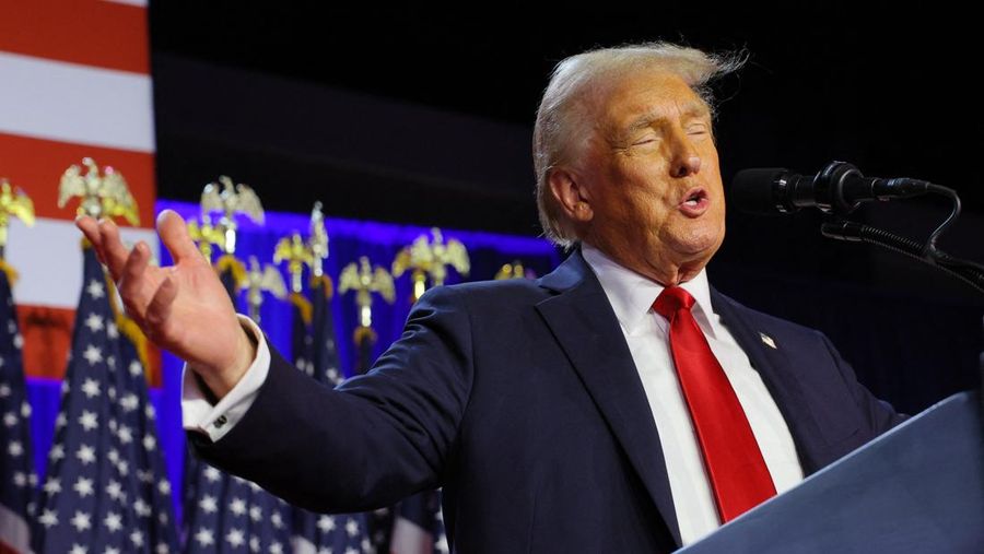 Republican presidential nominee and former U.S. President Donald Trump addresses supporters at his rally, at the Palm Beach County Convention Center in West Palm Beach, Florida, U.S., November 6, 2024. REUTERS/Brian Snyder
