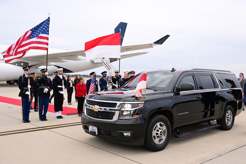 Presiden Prabowo Subianto tiba di Pangkalan Militer Andrews, Washington DC, Amerika Serikat, pada Minggu, (10/11/2024), sekitar pukul 16.00 waktu setempat. (Dok. Biro Pers Sekretariat Presiden/Muchlis Jr)
