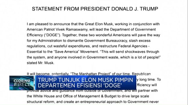 Video: Trump Tunjuk Elon Musk Pimpin Departemen Efisiensi 'DOGE'