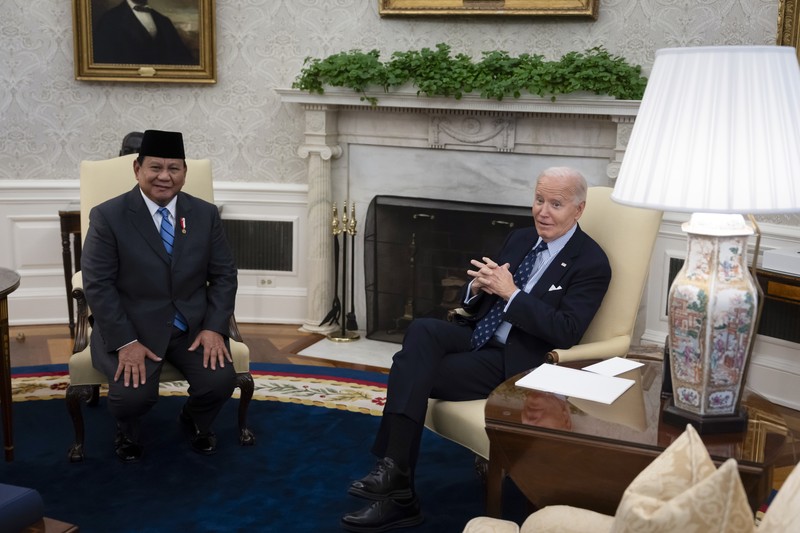 Presiden Joe Biden bertemu dengan Presiden Indonesia Prabowo Subianto, di Gedung Putih di Washington, Selasa, 12 November 2024. Presiden Joe Biden bertemu dengan Presiden Indonesia Prabowo Subianto, di Gedung Putih di Washington, Selasa, 12 November 2024. (AP Photo/Ben Curtis)